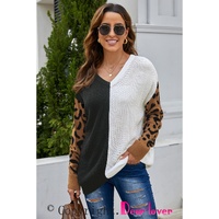 Azura Exchange Leopard Print Contrast Color V Neck Sweater - L thumbnail