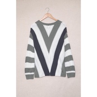 Gray Striped Colorblock V Neck Knitted Sweater - XS thumbnail
