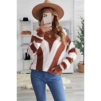 Brown Striped Colorblock V Neck Knitted Sweater - S thumbnail