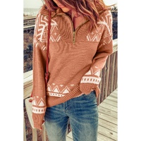 Azura Exchange Pink Geometry Knit Quarter Zip Sweater - L thumbnail