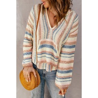 Multicolor Striped Knit Kangaroo Pocket Hooded Sweater - XL thumbnail