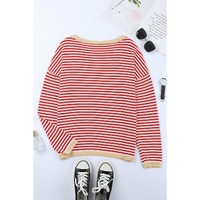 Fiery Red Contrast Trimmed Striped Drop Shoulder Sweater - S thumbnail