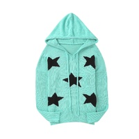Green V Neck Star Pattern Hooded Sweater with Slits - L thumbnail
