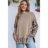 Khaki Leopard High Neck Side Slit Oversized Sweater - M thumbnail