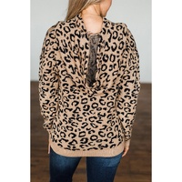 Khaki Leopard Knitted Drawstring Hooded Sweater - M thumbnail