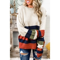 White Buttoned Shoulder Drop Shoulder Striped Sweater - M thumbnail