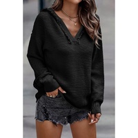 Black V Neck Ribbed Drop Shoulder Hooded Sweater - L thumbnail