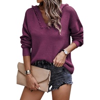 V Neck Ribbed Drop Shoulder Hooded Sweater - L thumbnail