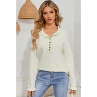 Beige Frill Trim Buttoned Knit Pullover Sweater - L thumbnail