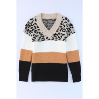 Khaki Leopard Color Block Long Sleeve Sweater - L thumbnail
