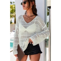 White Hollow Out Crochet V Neck Pullover Sweater - L thumbnail