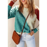 Multicolor Colorblock Ribbed Trim Round Neck Sweater - M thumbnail