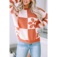 Brown Checkered Floral Print Striped Sleeve Sweater - L thumbnail
