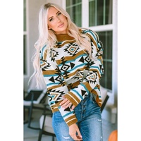 Brown Aztec Striped Knit Ribbed Trim Sweater - M thumbnail