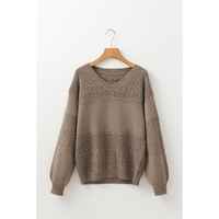 Camel Eyelet Pattern Detail V Neck Drop Shoulder Sweater - 2XL thumbnail