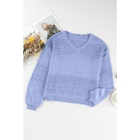 Sky Blue Eyelet Pattern Detail V Neck Drop Shoulder Sweater - S thumbnail