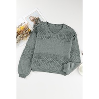 Mist Green Eyelet Pattern Detail V Neck Drop Shoulder Sweater - S thumbnail