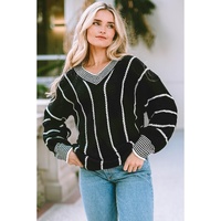 Black Colorblock Striped V Neck Knitted Loose Sweater - S thumbnail