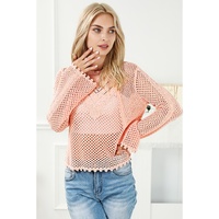 Pink Hollowed Eyelets Knit Bell Sleeve Sweater - L thumbnail