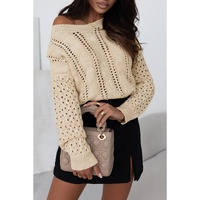 Khaki Eyelets Cable Knit Drop Shoulder Sweater - S thumbnail
