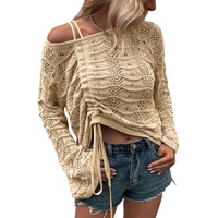 Khaki Hollowed Knit Asymmetric Drawstring Sweater - M thumbnail