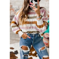 Multicolor Striped Hollowed Knitted Loose Sweater - M thumbnail