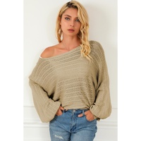 Apricot Lantern Sleeve Eyelets Textured Knit Sweater - M thumbnail