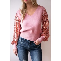 Pink Contrast Sequin Sleeve V Neck Ribbed Knit Sweater - M thumbnail