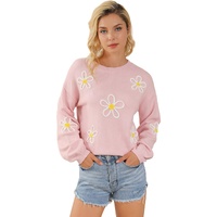 Pink Chenille Daisy Stitching Crew Neck Sweater - L thumbnail