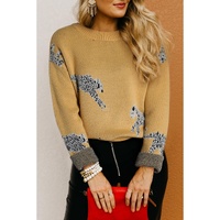 Camel Fuzzy Cheetah Accent Round Neck Sweater - L thumbnail