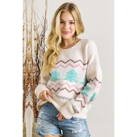 White Striped Christmas Tree Ribbed Trim Drop Shoulder Sweater - L thumbnail