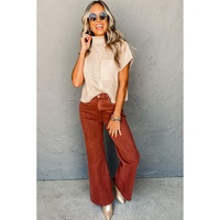 Oatmeal Patch Pocket Ribbed Knit Short Sleeve Sweater - L thumbnail