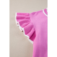 Bonbon Edge Piping Ruffled Sleeve Round Neck Knit Top - L thumbnail