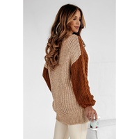 Khaki Mix Textured Knit Colorblock Patchwork Sweater - L thumbnail