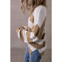 Light French Beige Colorblock Striped Drop Shoulder Side Slit Sweater - L thumbnail