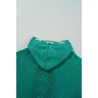Sea Green Cable Knit V Neck Contrast Drawstring Hooded Sweater - S thumbnail