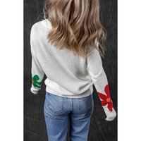 White Colorful Big Flower Pattern Crewneck Sweater - L thumbnail
