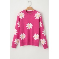 Bright Pink Daisy Flower Crew Neck Long Sleeve Sweater - XL thumbnail