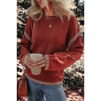 Red Dahlia Color Contrast Trim Drop Shoulder Crew Neck Sweater - S thumbnail