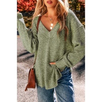 Jungle Green Loose Eyelet V Neck Drop Shoulder Sweater - M thumbnail