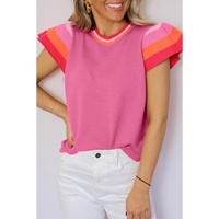 Bright Pink Contrast Flutter Sleeves Knitted Sweater T Shirt - M thumbnail