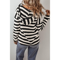 White Stripe V Neck Pocketed Drawstring Hooded Sweater - XL thumbnail