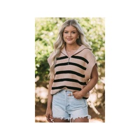 Khaki Stripe Zipped Collar Short Sleeve Sweater - L thumbnail