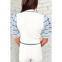 White Crochet Striped Bubble Sleeve Knit Sweater - M thumbnail