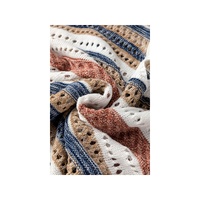 Multicolour Striped Hollow Out Half Sleeve Knitted Sweater - L thumbnail