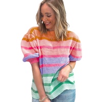 Rose Red Colorful Stripe Bubble Short Sleeve Sweater - M thumbnail