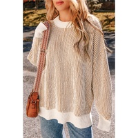 Chestnut Striped Textured Knit Contrast Edge Loose Sweater - L thumbnail