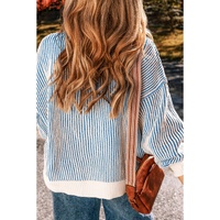 Dark Blue Striped Textured Knit Contrast Edge Loose Sweater - 3XL thumbnail