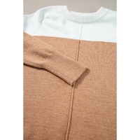 Straw Yellow Colorblock Ribbed Trim Round Neck Sweater - L thumbnail