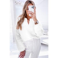 White Flower Detail Knitted Notched Neck Sweater - M thumbnail